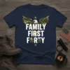 Navy t-shirt with "FAMILY FIRST FORTY" text, eagle graphic with camouflage wings, and Spartan helmets