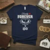 Family FOREVER text with heart tree graphic showing family members, on a navy blue t-shirt