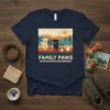 Family Paws Our Adventure Begins text with five dogs running in a vintage landscape design on a navy t-shirt