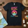 Family Vacation Punta Cana text with tropical beach sunset graphic on a black t-shirt