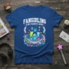 T-shirt design with the text "Fangirling Is My Favorite Sport" in bold white letters, featuring a central graphic of a