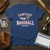 Fantasy Baseball Legend t-shirt with trophy graphic and wings, navy blue tee, sports theme