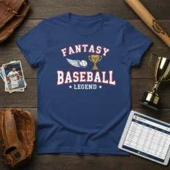 Fantasy Baseball Legend t-shirt with trophy graphic and wings, navy blue tee, sports theme