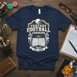 Fantasy Football Commish Est. 2024 text with football helmet and open book graphic on a navy t-shirt