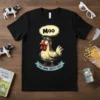Farm Animal Identity Crisis T-Shirt with a cartoon chicken wearing aviator goggles and thinking "Moo"