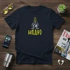 Dark navy t-shirt with yellow text "МОДНО" above a white graphic of a rocket launching from the Earth