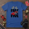 Blue t-shirt with "Fast & Five" text, a red race car, and checkered flags, designed for a fifth birthday