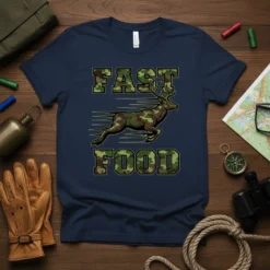 Fast Food deer hunting t-shirt with camouflage graphic and bold text