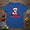 Blue t-shirt with "FAST THREE" text, a red race car, and a large number 3 with a checkered flag pattern