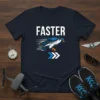 Navy blue t-shirt with the word FASTER and a graphic of a peregrine falcon in flight, symbolizing speed
