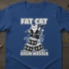 Fat Cat Drum Master t-shirt design with a cat playing drums and holding drumsticks