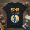 Father Carry Me t-shirt design featuring a father carrying a child silhouette against a mountain sunset graphic