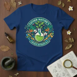 Father Nature's Unique Botanicals t-shirt design featuring a science flask with plants and flowers