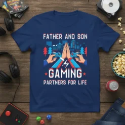 Father and Son Gaming Partners for Life text with hands high-fiving and controllers graphic on a navy blue t-shirt