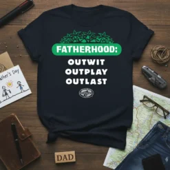 Navy blue t-shirt with "FATHERHOOD: OUTWIT OUTPLAY OUTLAST" in green and white text, featuring palm fronds and a survivor-style logo