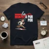Favor Montoya Por Por text with a running man cartoon graphic on a navy blue t-shirt
