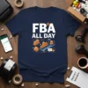 Navy blue t-shirt with white text "FBA ALL DAY" and an illustration of boxes on a conveyor belt and truck