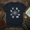 FBOW compass symbols t-shirt design with winged shoe, eye, tree of life, and wave graphics