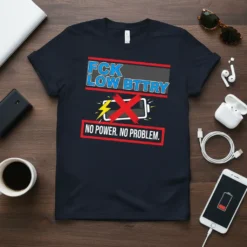 T-shirt with "FCK LOW BTTTRY NO POWER. NO PROBLEM." text, featuring a crossed-out low battery symbol and lightning bolt graphic