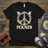 Black t-shirt with "FCKNZS" text and a large floral peace symbol with doves, featuring a vintage distressed style