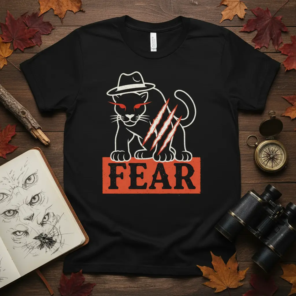 Black t-shirt graphic featuring a white outline of a menacing cat with red eyes and the word FEAR