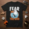 FEAR THE BOO Halloween T-Shirt with a ghost using a megaphone and a shark fin in the water