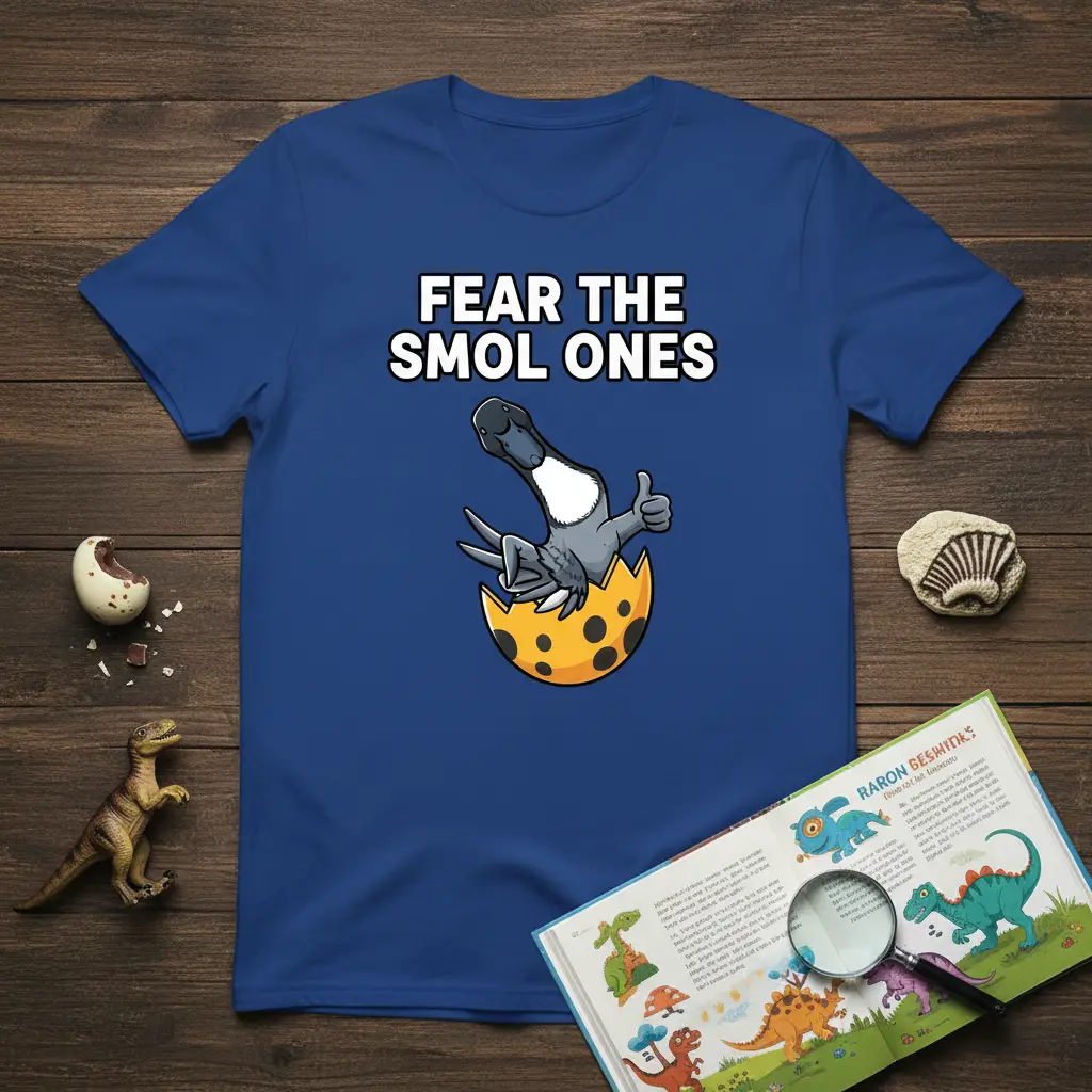 Fear The Smol Ones humorous bird hatching from egg graphic tee with thumbs up and playful typography