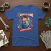 Fearless Femme Strength In Style quote on a blue t-shirt with Rosie the Riveter-inspired graphic