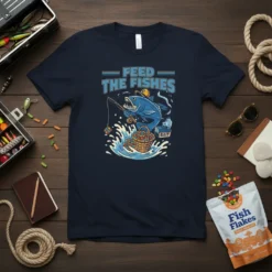 Feed The Fishes fishing t-shirt design with a cartoon fish catching bait from a basket