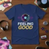 Feeling Good vinyl record t-shirt with retro galaxy graphic and sound wave design