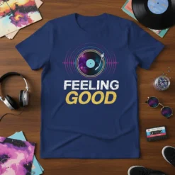 Feeling Good vinyl record t-shirt with retro galaxy graphic and sound wave design