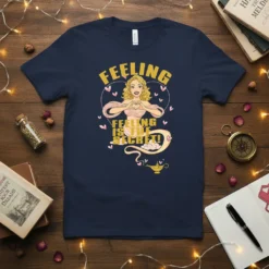 Feeling Is The Secret! quote in yellow typography with a blonde woman making a heart shape and a genie lamp