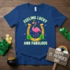 Feeling Lucky And Fabulous text with a flamingo wearing sunglasses inside a horseshoe, surrounded by shamrocks