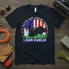 Graphic tee with text "FEELING VERY YEEHAW TODAY LAWN RANGER" and an illustration of a lawnmower on an American flag