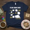 Feline Chonk Chart t-shirt design showing stages of cat weight gain from fine boi to oh lawd he comin