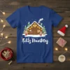 Feliz Navidog Christmas Dog Shirt featuring cartoon dogs in Santa hats in front of a snowy cabin