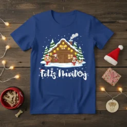 Feliz Navidog Christmas Dog Shirt featuring cartoon dogs in Santa hats in front of a snowy cabin