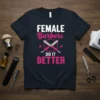 Black t-shirt with "FEMALE Barbers DO IT BETTER" text and crossed barber razors graphic