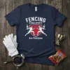 Navy blue t-shirt with "Fencing Other Sports Are Pointples" text and graphic of two fencers battling