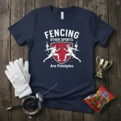 Navy blue t-shirt with "Fencing Other Sports Are Pointples" text and graphic of two fencers battling
