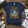 Feral First Grade T-Shirt with a cartoon raccoon sitting on books, wearing sunglasses and a red hat. Includes school supplies