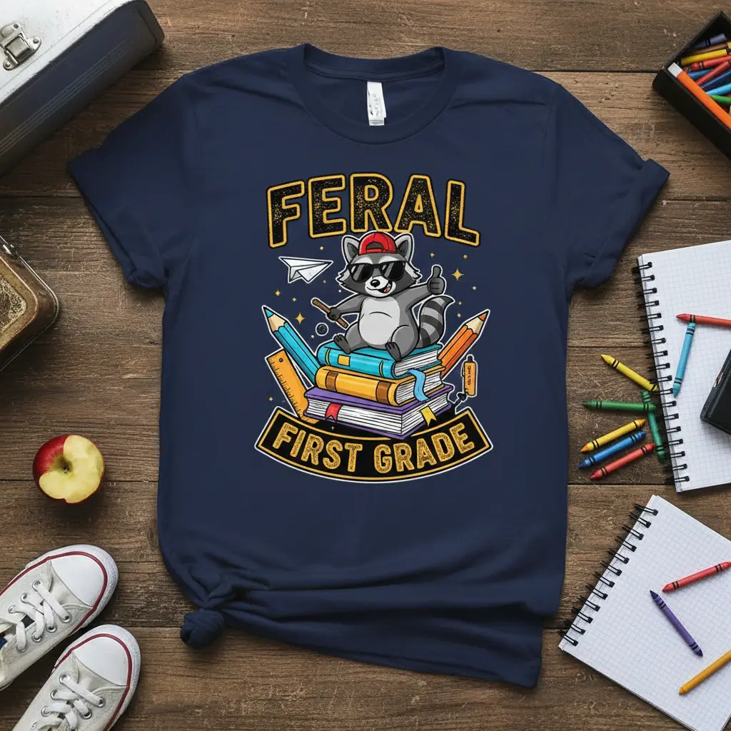 Feral First Grade design with a cool raccoon character, books, and school supplies, perfect for back-to-school apparel