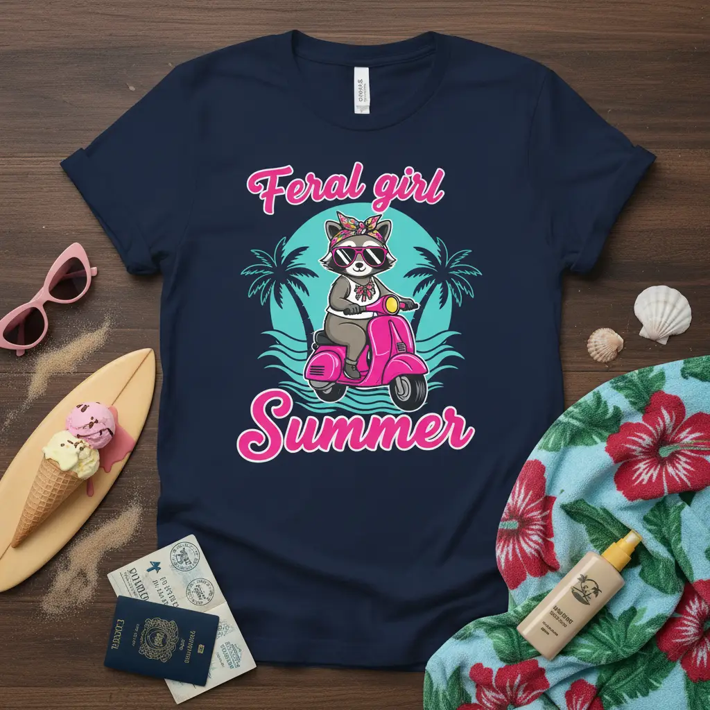 Feral girl Summer text design with a cool raccoon on a pink scooter and palm trees