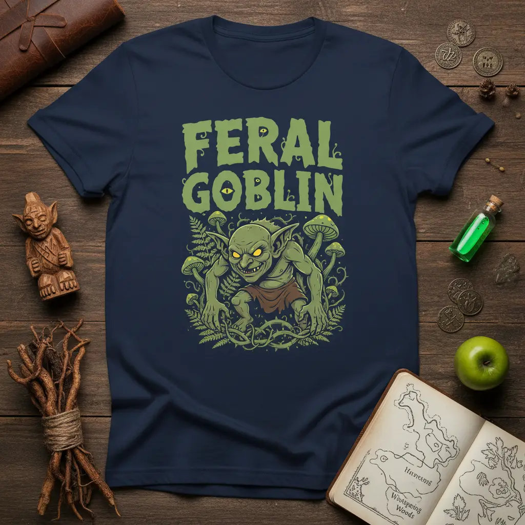 Feral Goblin text and illustration on a dark t-shirt, featuring a creature with glowing eyes and surrounding forest elements