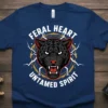 Feral Heart Untamed Spirit t-shirt with a black jaguar head graphic and lightning accents