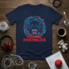 Feral and Overstimulated T-Shirt with a red and blue abstract design surrounding a black panther's head