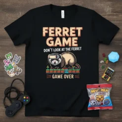 Black t-shirt with "Ferret Game Don't Look At The Ferret Game Over" text and a ferret wearing VR goggles on