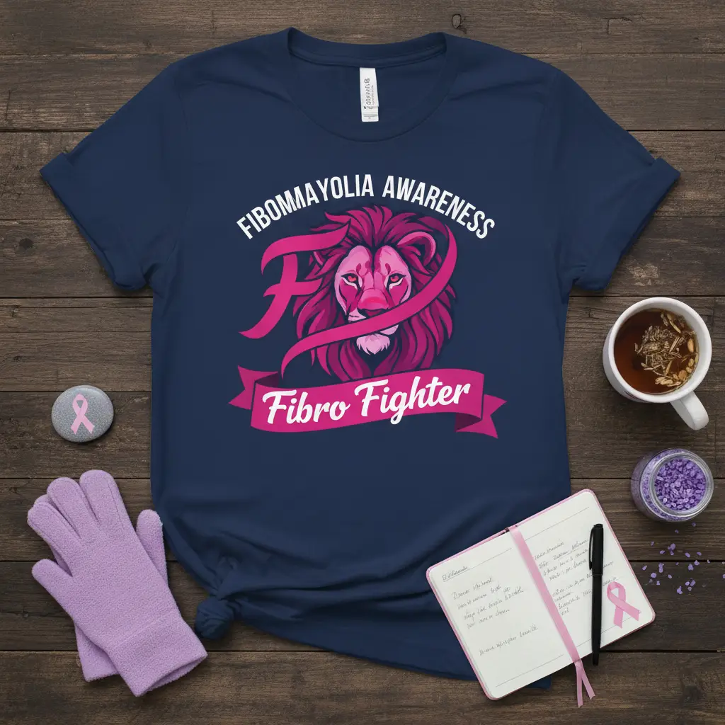 Fibromyalgia Awareness Fibro Fighter text with pink lion and ribbon on navy t-shirt