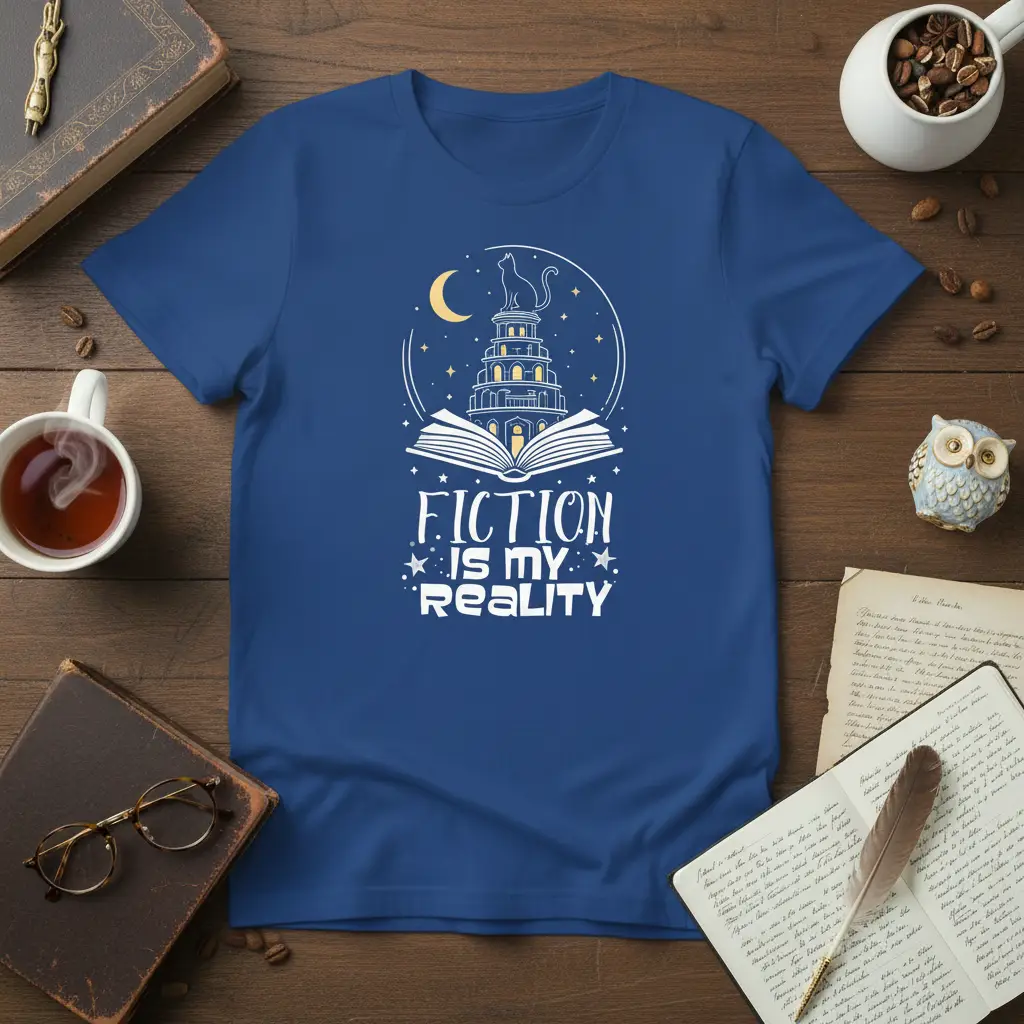 Fiction Is My Reality quote design with open book, castle, and cat illustration on blue tee