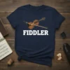 Fiddler t-shirt design with a graphic of a violin and bow, and the word FIDDLER in white text